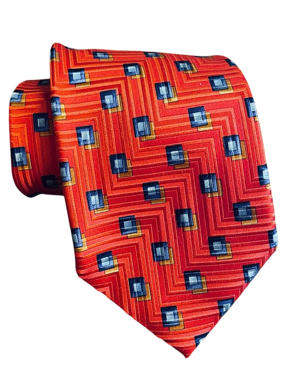 Ermenegildo Zegna Men’s Red-Orange Geometric Silk Tie Made in Italy 4” Wide